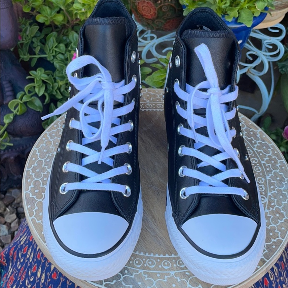 Leather & Silver Studded Converse Hi Tops Sz 7 - Picture 9 of 16